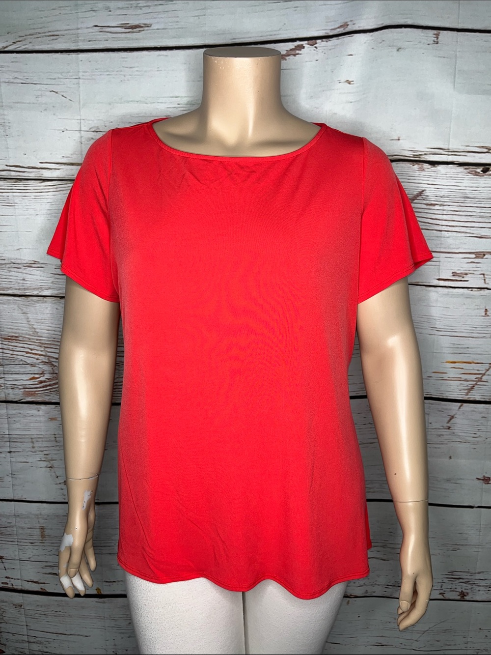 Susan Graver Size 1X Coral Pink Peplum Hemline Liquid Knit Blouse Top